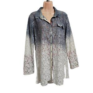 Aratta Silent Journey Button Up Lace Top Blouse Shirt Women Size M Ombre Cotton